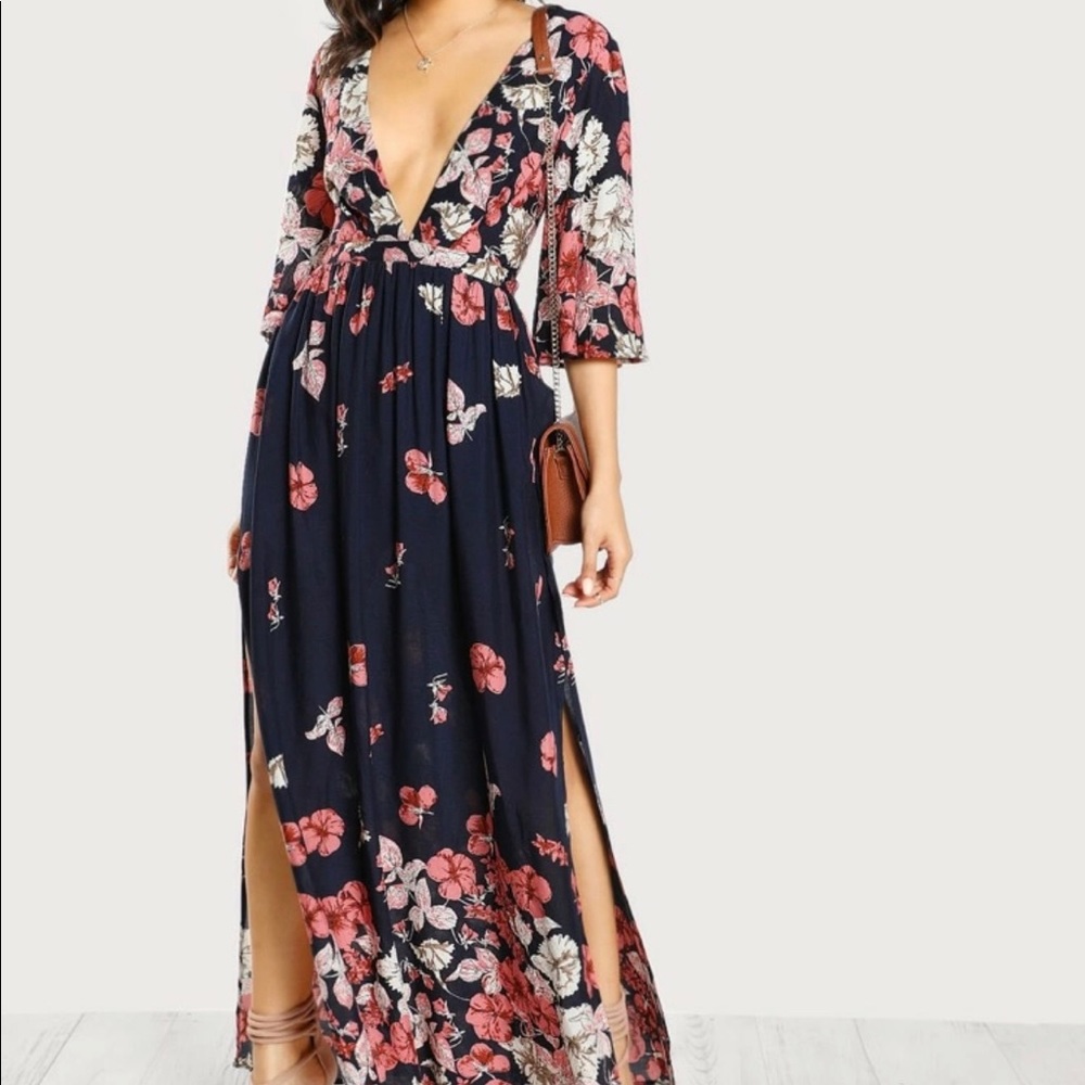 Lace up back plunging split floral dress